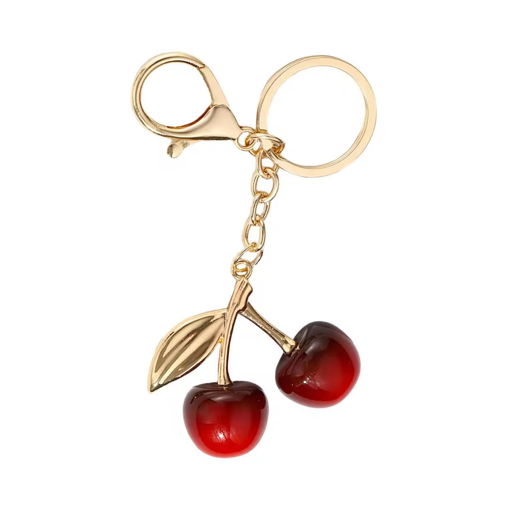 Cherry Luxe Bag Charm Keychain (Gold-tone cherry charm handbag accessory)