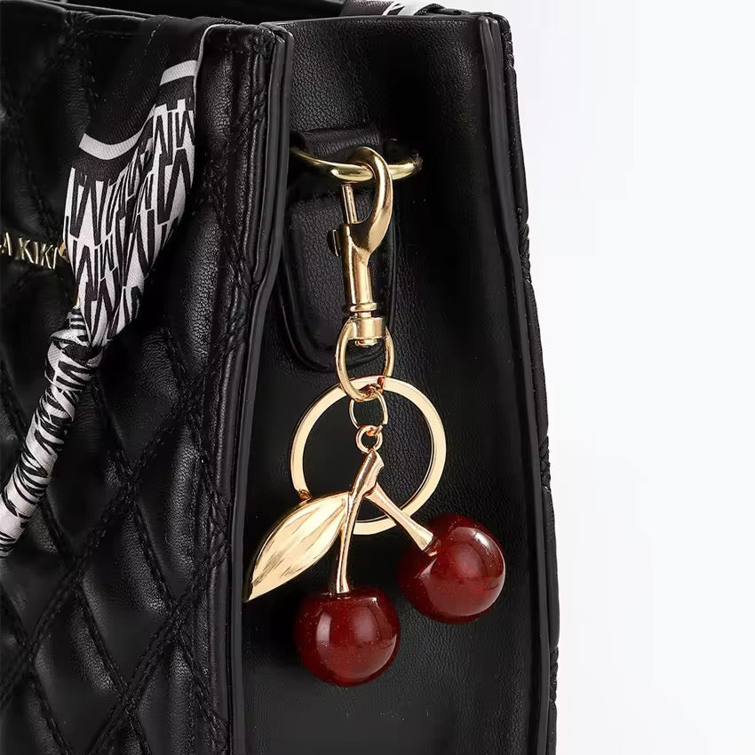 Cherry Luxe Bag Charm Keychain (Gold-tone cherry charm handbag accessory)