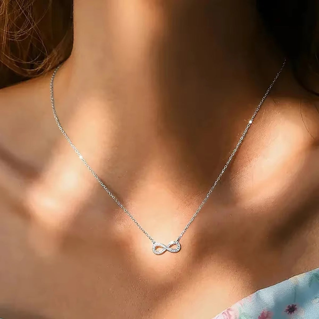 Eternal Spark Infinity Necklace – Silver (Minimal crystal infinity pendant chain)