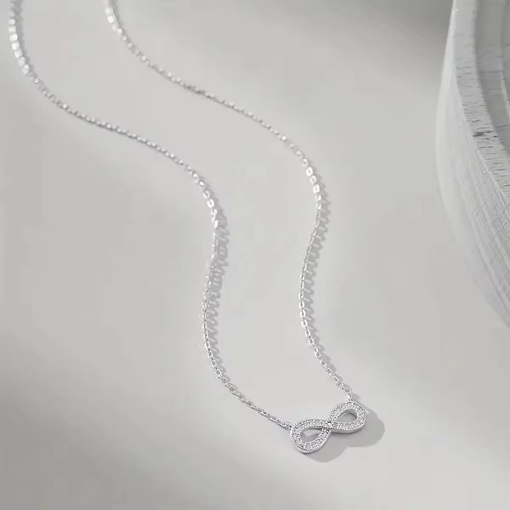 Eternal Spark Infinity Necklace – Silver (Minimal crystal infinity pendant chain)